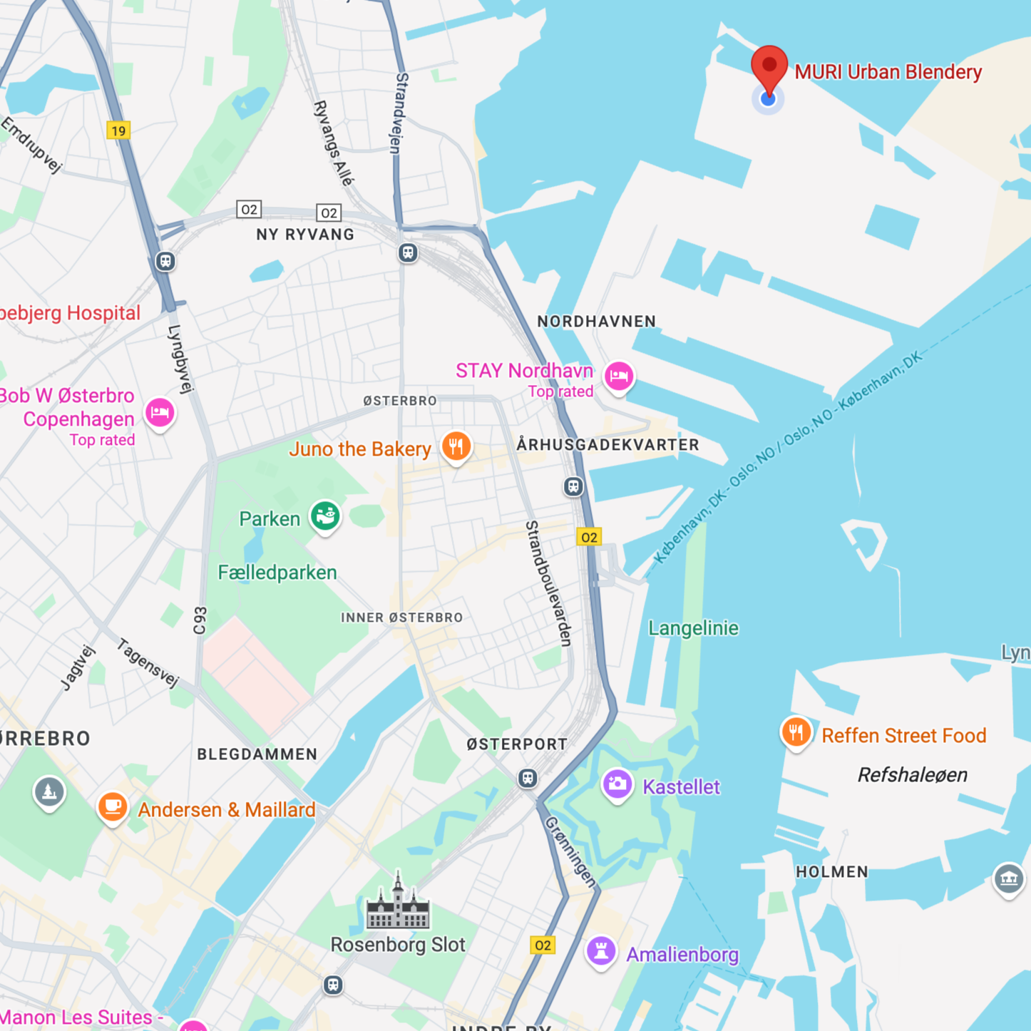 Map of a city with various locations marked, including streets and landmarks.