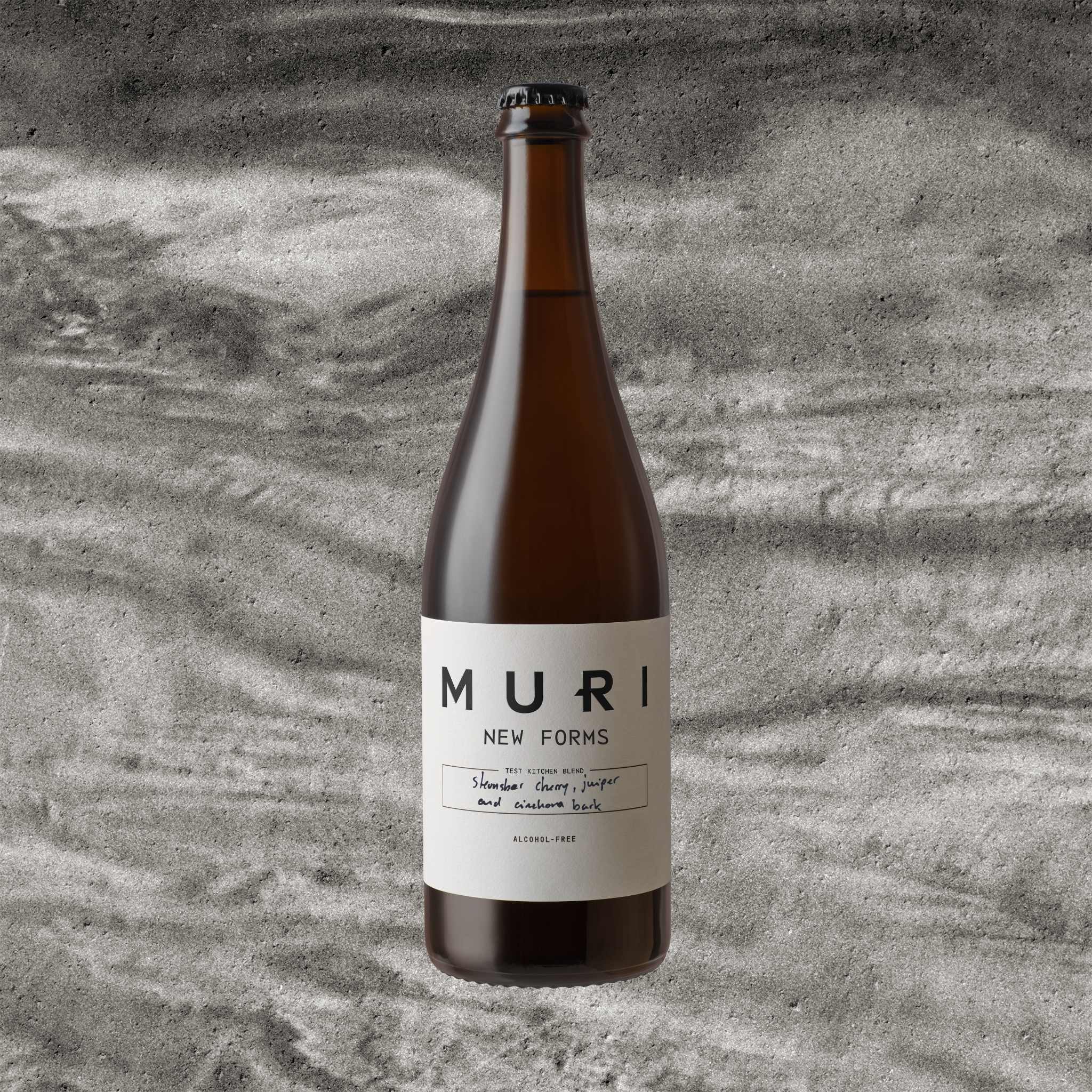 Bottle of MURI New Forms on a textured gray background